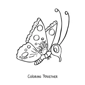 Coloring page of a cartoon butterfly seen in profile