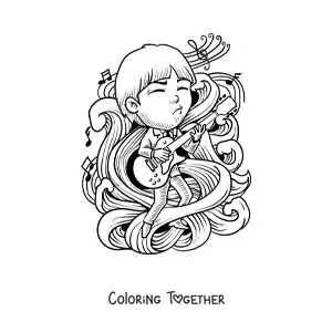 Coloring page of a cartoon rocker playing an electric guitar
