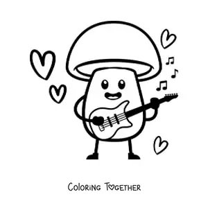 Coloring page of a cute cartoon kawaii mushroom playing a guitar