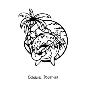 Coloring page of a cartoon donut playing a guitar on the beach
