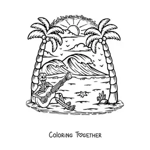 Coloring page of a cartoon human skeleton playing a guitar while sitting on the beach