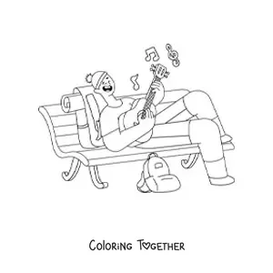 Coloring page of a singer lying on a bench while playing the guitar