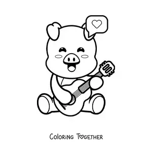 Coloring page of a cute cartoon kawaii pig playing an acoustic guitar