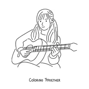 Coloring page of a girl sitting and playing a classical guitar