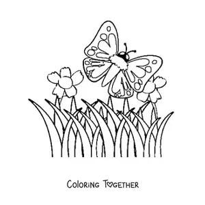 Coloring page of a butterfly flying over flowers in a field