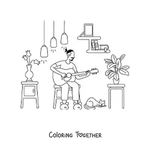 Coloring page of a boy playing the guitar at home