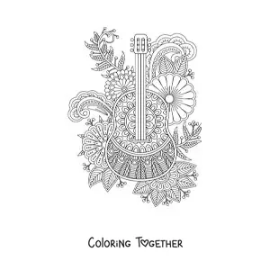 Coloring page of a mandala shaped like a classical guitar