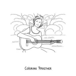 Coloring page of a girl playing the guitar in a park