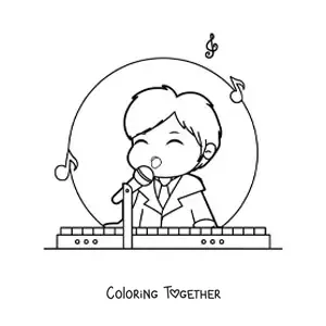 Coloring page of a cute kawaii boy playing the piano