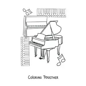 Coloring page of several types of pianos