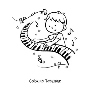 Coloring page of a boy playing the piano