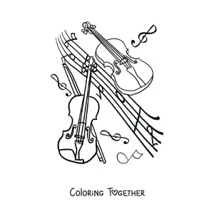 Coloring page of two violins surrounded by musical notes