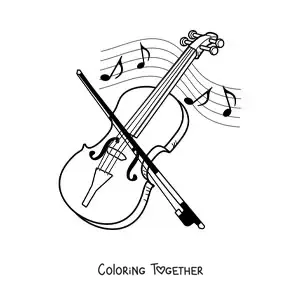 Coloring page of a violin and its bow surrounded by musical notes