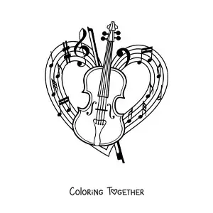 Coloring page of a violin and its bow with a heart-shaped staff