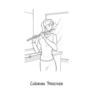 Coloring page of a girl playing a transverse flute