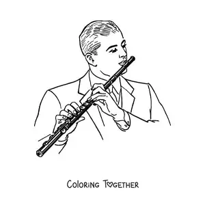Coloring page of a man playing a transverse flute