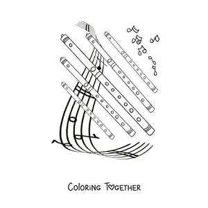 Coloring page of several flutes over a staff with musical notes
