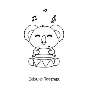 Coloring page of a kawaii koala playing the drum