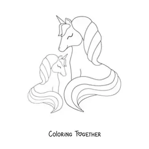 Coloring page of a mother unicorn with her child, a tiny baby unicorn