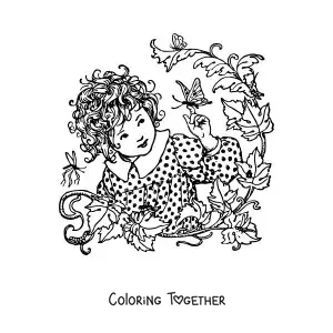 Coloring page of a girl surrounded by plants playing with a butterfly