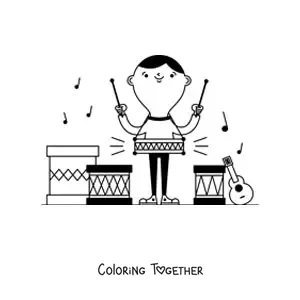 Coloring page of a boy playing drums