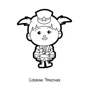 Coloring page of a girl dressed in a marching band uniform playing drums