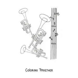 Coloring page of two trumpets beside a staff with musical notes
