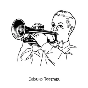 Coloring page of a boy playing the trumpet