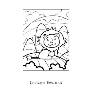 Coloring page of a cartoon lion sitting in a natural landscape with mountains