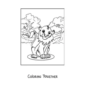 Coloring page of a sweet little lion sitting on the savanna