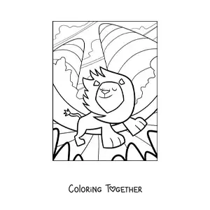 Coloring page of a cartoon lion walking with its mane in the wind in a natural landscape
