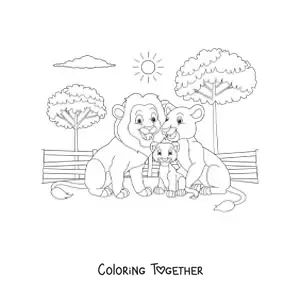 Coloring page of a family of lions with a smiling baby lion at the zoo