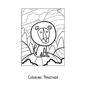 Coloring page of a happy cartoon lion with a big round mane in its habitat