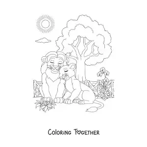 Coloring page of a pair of lions in love together at the zoo