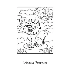 Coloring page of a fierce lion roaring in its habitat