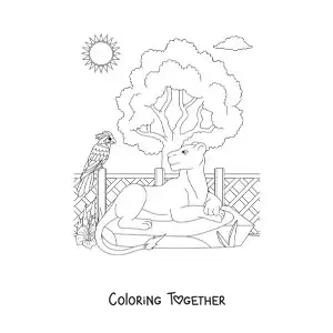 Coloring page of a lioness lying down beside a bird and a tree at the zoo