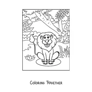 Coloring page of a smiling lion sitting among the jungle vegetation