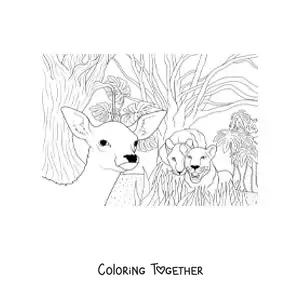 Coloring page of a pair of fierce lions hunting a deer in the jungle