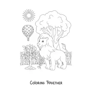 Coloring page of a zoo landscape with a big lion and a hot air balloon