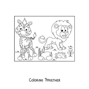 Coloring page of a cartoon of a lion and a funny zebra