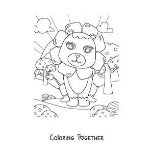 Coloring page of a kawaii lion sitting with its back to the sun and its eyes open