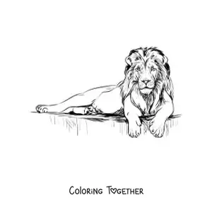 Coloring page of a realistic lion lying down with its head held high