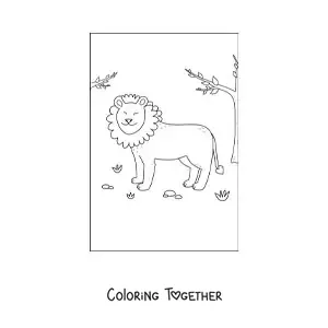 Coloring page of a sweet smiling lion in its natural habitat