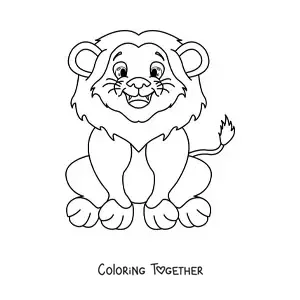 Coloring page of a smiling lion sitting