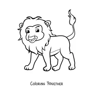 Coloring page of a cartoon lion standing on all fours