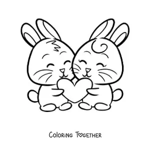 Coloring page of a pair of little bunnies holding a heart together