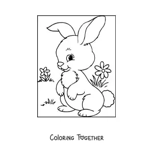 Coloring page of a cute little bunny in a meadow with flowers