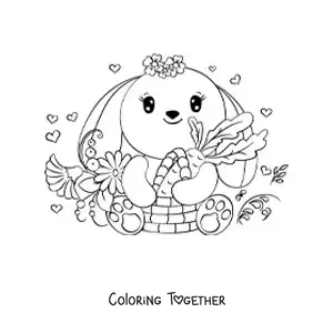 Coloring page of a kawaii rabbit surrounded by flowers and holding a basket with a carrot