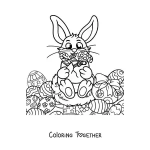 Coloring page of a cartoon rabbit holding Easter eggs and surrounded by Easter eggs