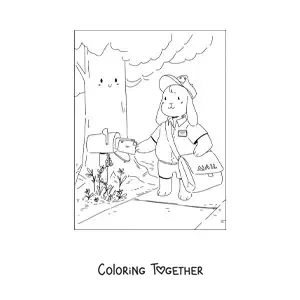 Coloring page of a cartoon rabbit dressed as a mailman placing a letter in a mailbox